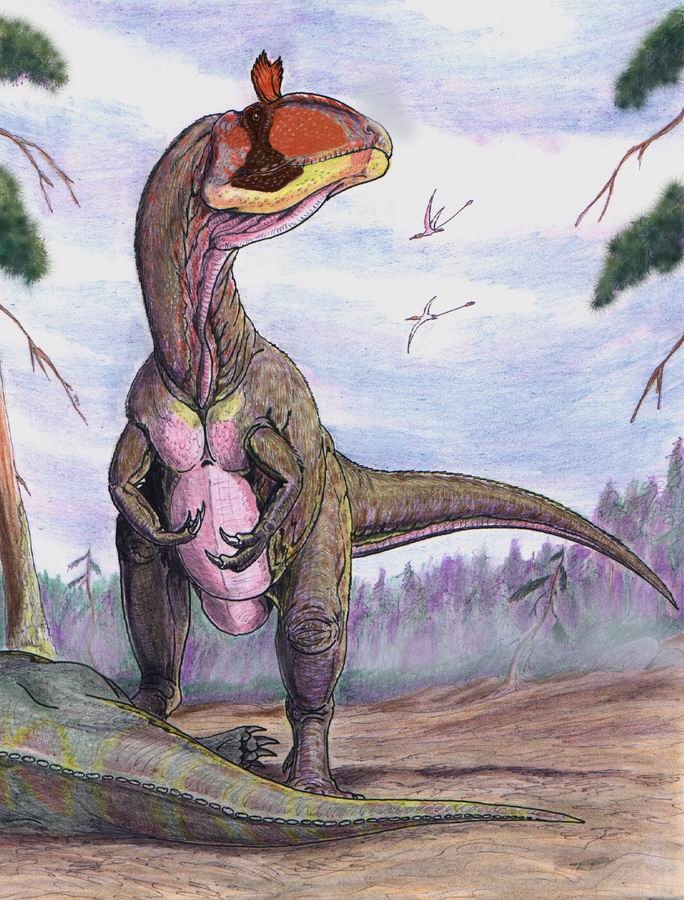 Reconstituição do Cryolophosaurus ellioti em seu habitat, com florestas de coníferas e pterossauros sobrevoando