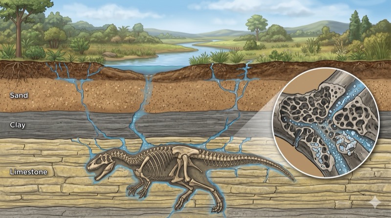 Corte transversal mostrando esqueleto enterrado sob camadas de areia, argila e calcário, com água subterrânea percolando e detalhe microscópico dos minerais preenchendo poros do osso