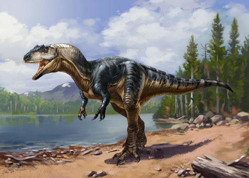 Reconstrução artística de Albertosaurus sarcophagus em ambiente natural do Cretáceo tardio.