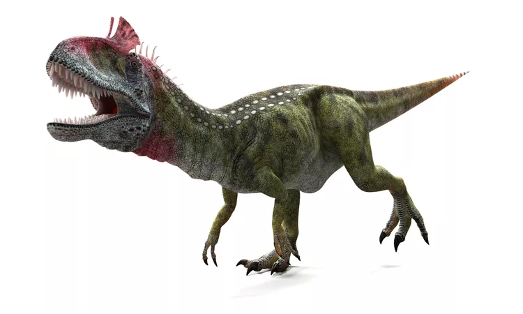 Reconstituição digital tridimensional de Cryolophosaurus ellioti em vista lateral, com a crista transversal vermelha sobre os ossos lacrimais bem destacada.