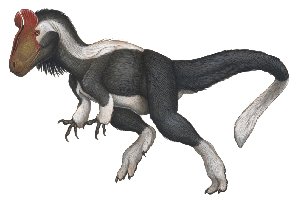 Reconstituição emplumada de Cryolophosaurus ellioti, com cobertura filamentosa hipotética compatível com o clima sazonal de alta latitude da Antártica do Jurássico Inicial.