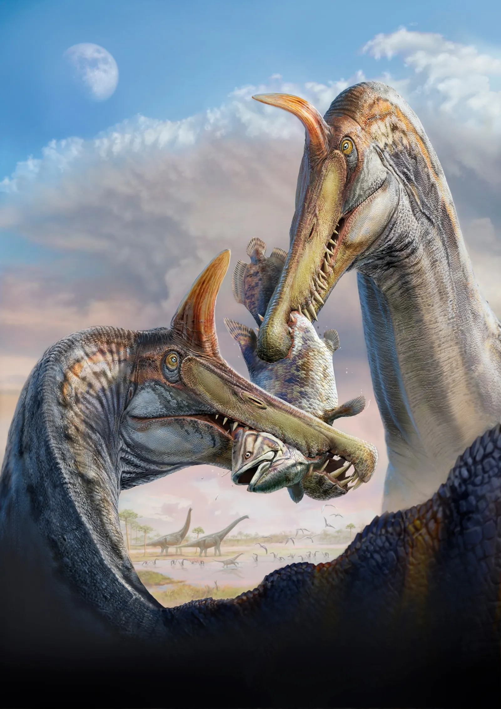 Spinosaurus capturando um celacanto, representando seu hábito piscívoro nos rios do Cretáceo do norte da África.