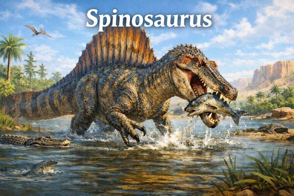 Reconstituição artística de Spinosaurus aegyptiacus em seu ambiente fluvial do Cretáceo do norte da África.