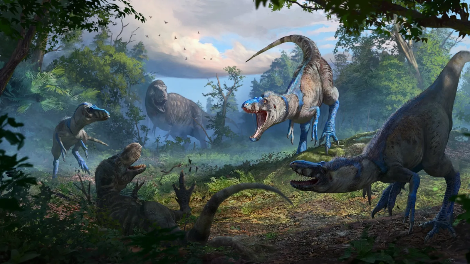 Reconstituição artística de tiranossaurídeos jovens em ambiente florestal. Estudos recentes sugerem que juvenis de T-rex podiam ter aparência visual distinta dos adultos.